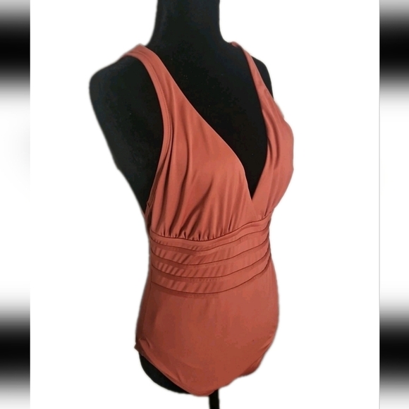 La Blanca Orange Brown Island Goddess Criss-Cross Back One-Piece Swimsuit 14 - Picture 3 of 15